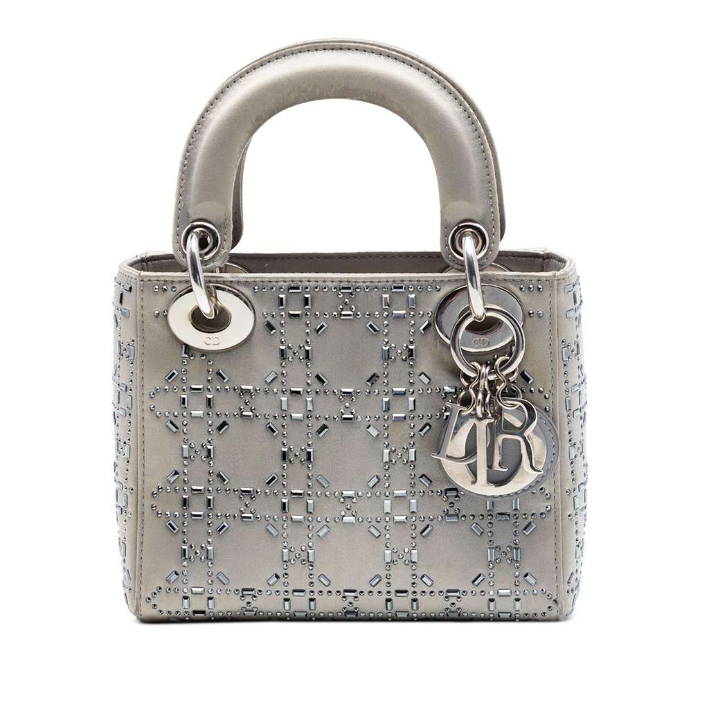 Dior Mini Satin Cannage Crystal Embellished Lady Dior Grey Very good condition - Front View