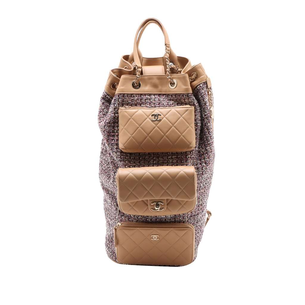 Chanel Tweed and Quilted Lambskin Multi Pocket Drawstring Backpack Beige Very good condition - Front View