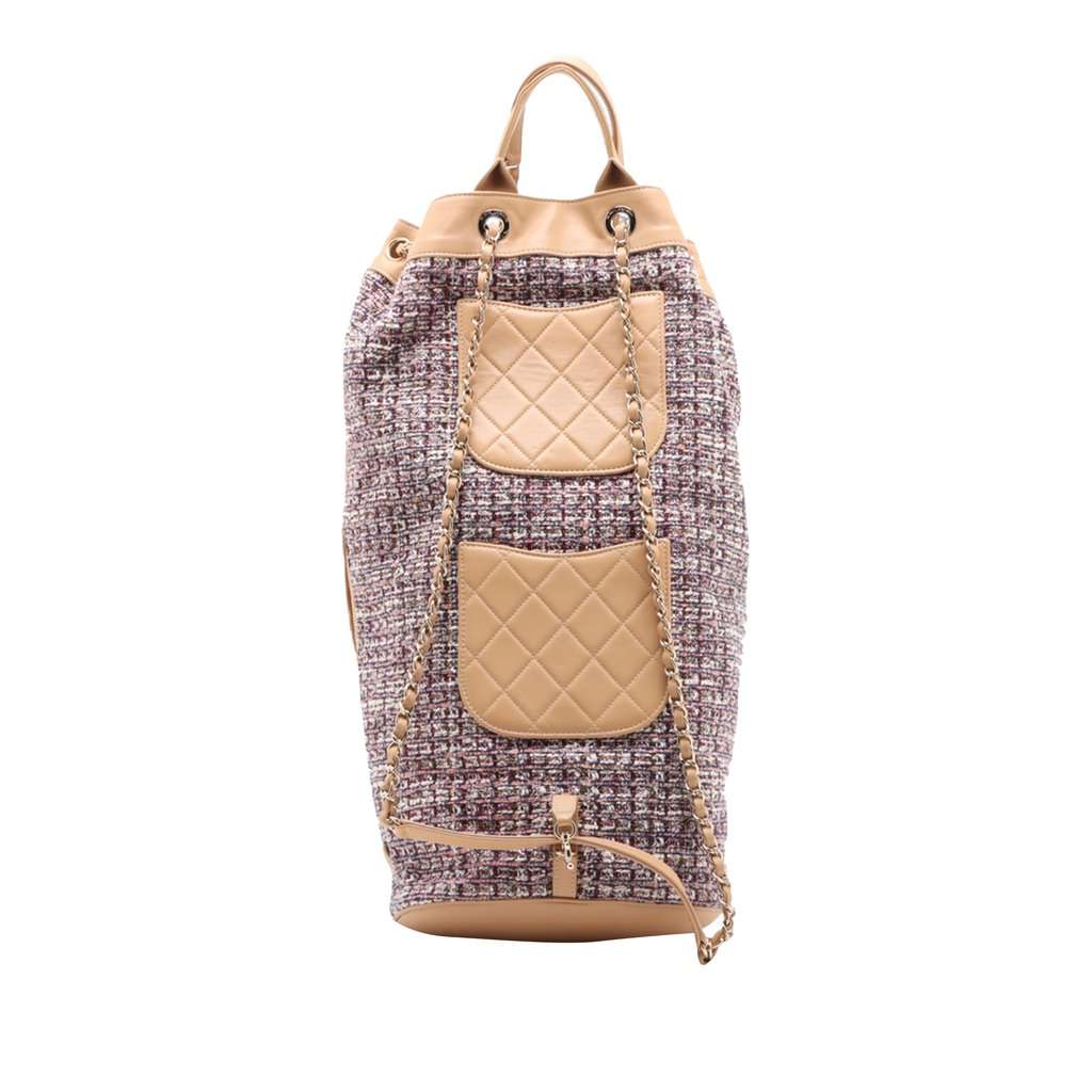 Chanel Tweed and Quilted Lambskin Multi Pocket Drawstring Backpack Beige Very good condition - Back View
