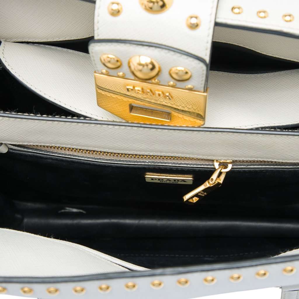 Prada Studded Saffiano Turnlock Handbag White Leather Very good - Model View