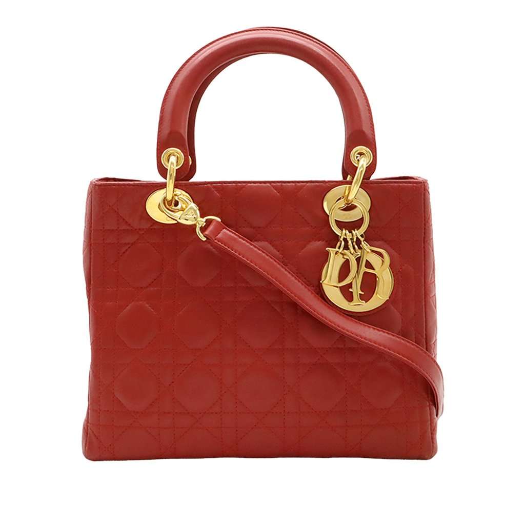 Dior Medium Lambskin Cannage Lady Dior Red Leather Very good condition - Front View