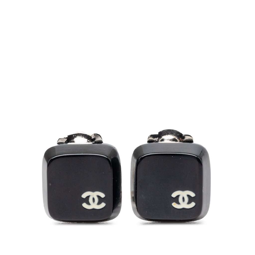 Chanel CC Resin Square Clip On Earrings Black Plastic Very good condition - Front View