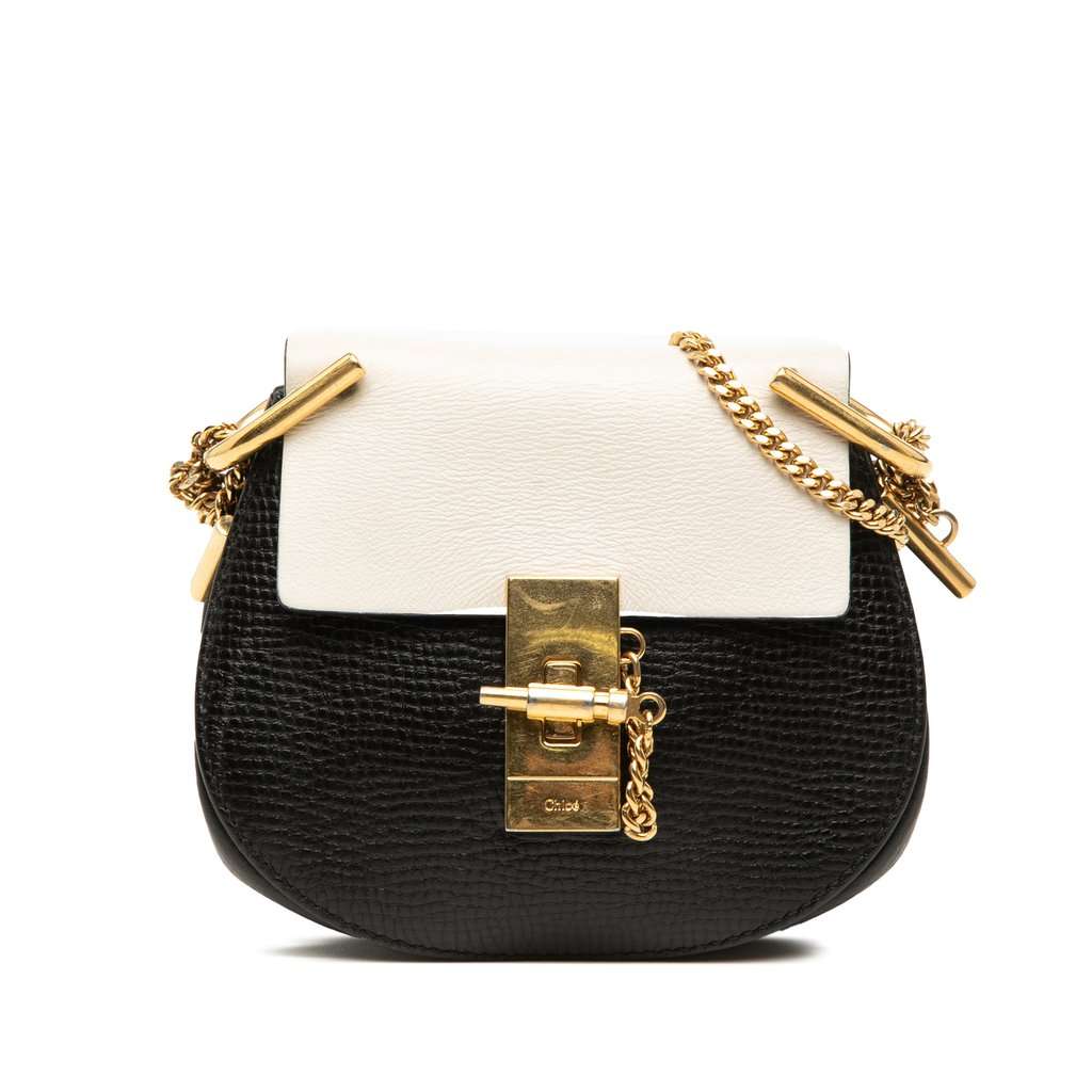 Chloé Mini Bicolor Grained Calfskin Drew Crossbody Black Leather Very good condition - Front View