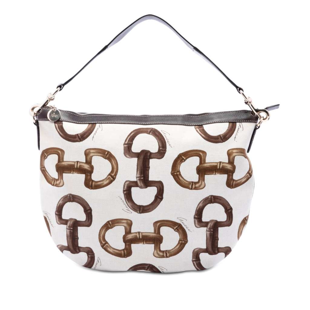 Gucci Printed Canvas Horsebit Hobo White Very good condition - Front View