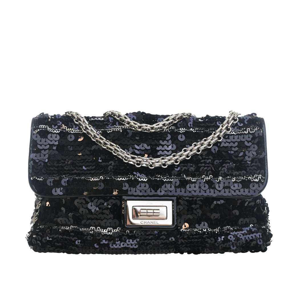 Chanel Patent Trimmed Sequined Satin Reissue 2.55 Single Flap 225 Black Very good condition - Front View