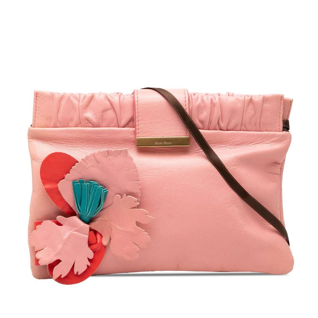 Miu Miu Lambskin Flower Applique Clutch with Strap Pink Leather Very good condition - Front View
