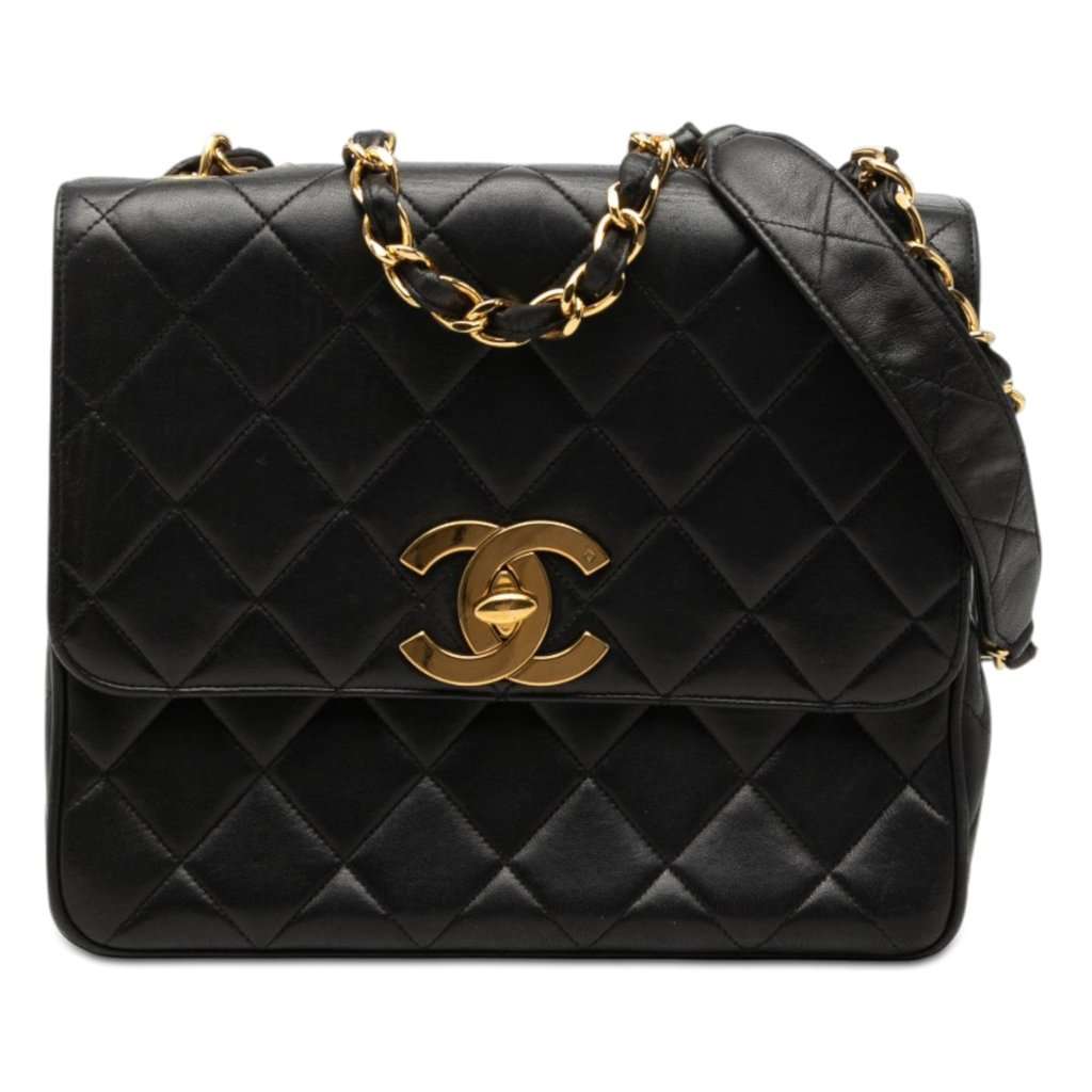Chanel XL CC Quilted Lambskin Square Single Flap Black Leather Very good condition - Front View