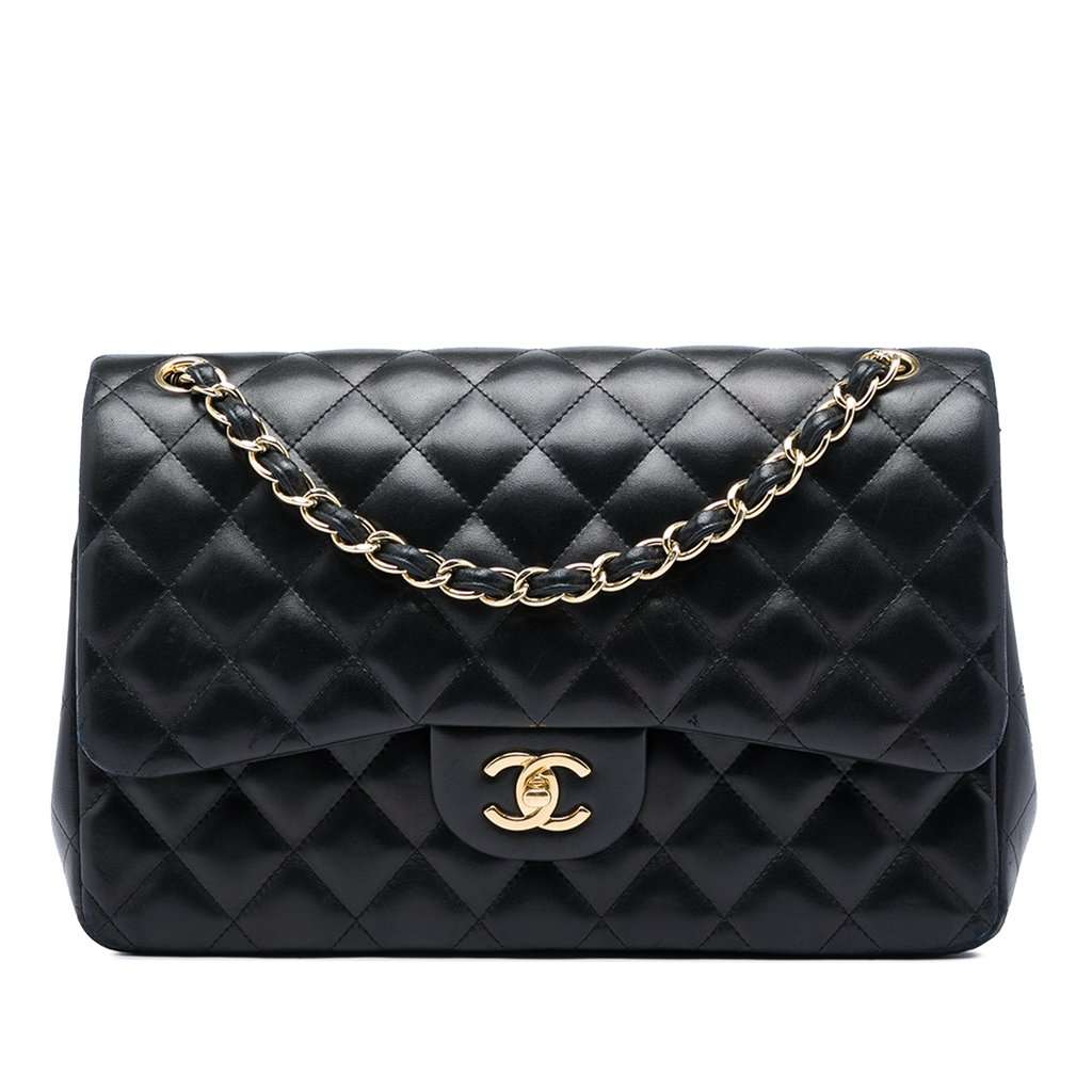 Chanel Jumbo Classic Lambskin Double Flap Black Leather Very good - Front View