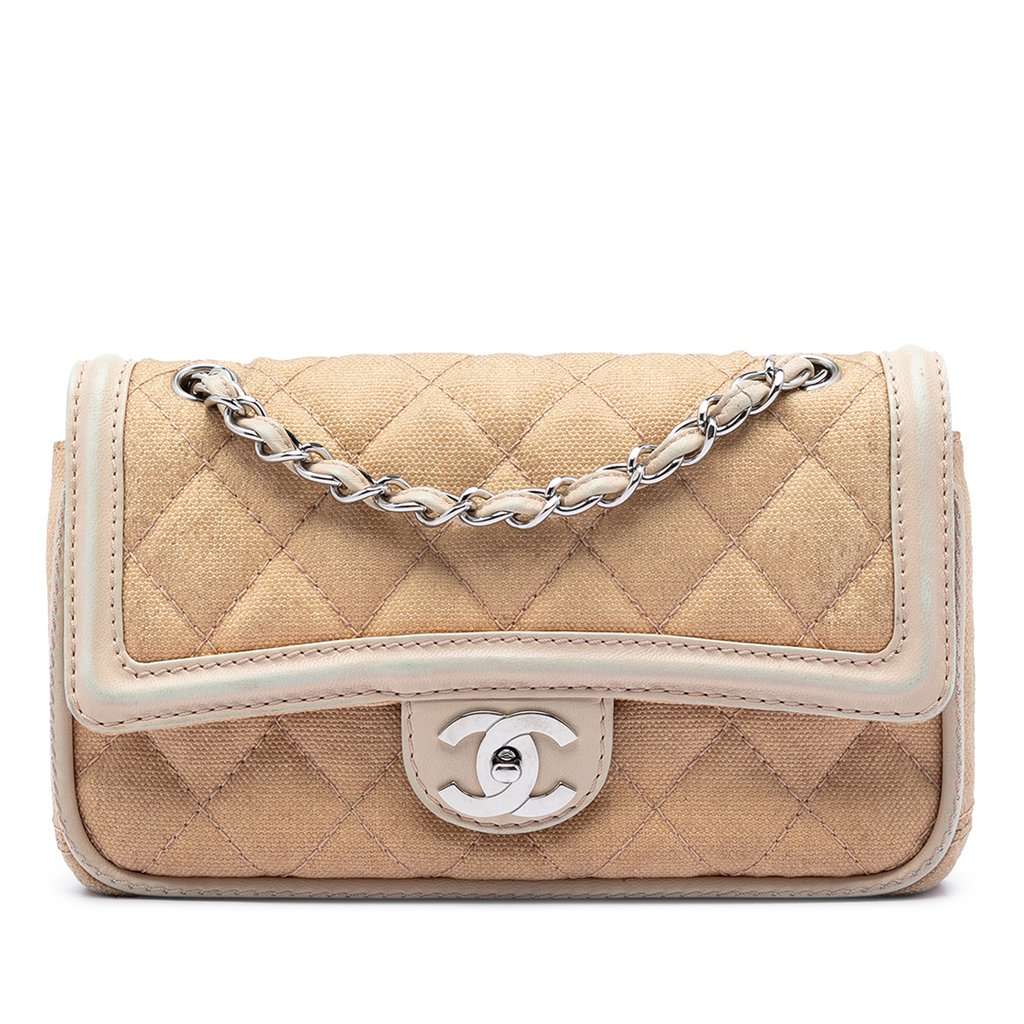 Chanel Medium Classic Canvas Lambskin Trimmed Double Flap Beige Very good condition - Front View