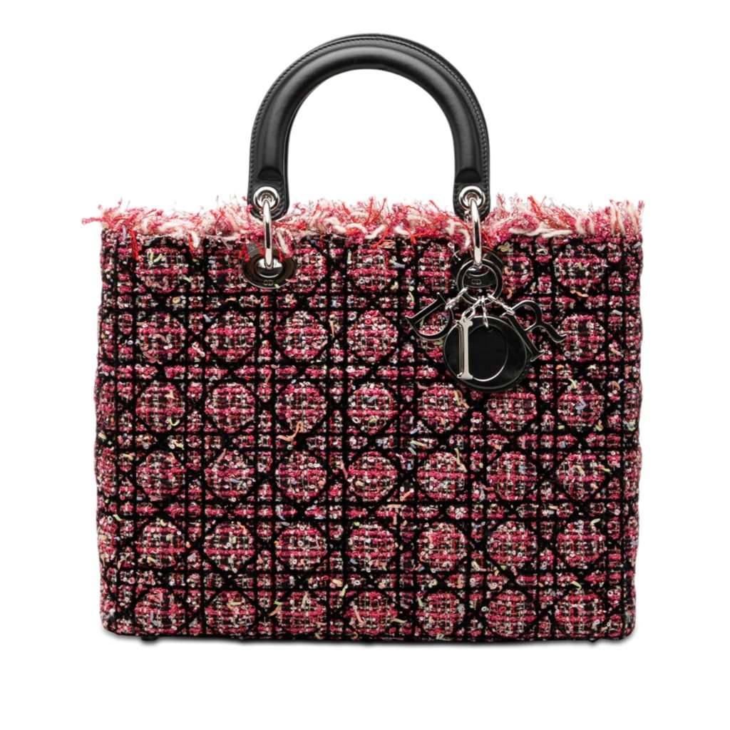 Dior Large Tweed Cannage Fringe Lady Dior Pink Very good condition - Front View