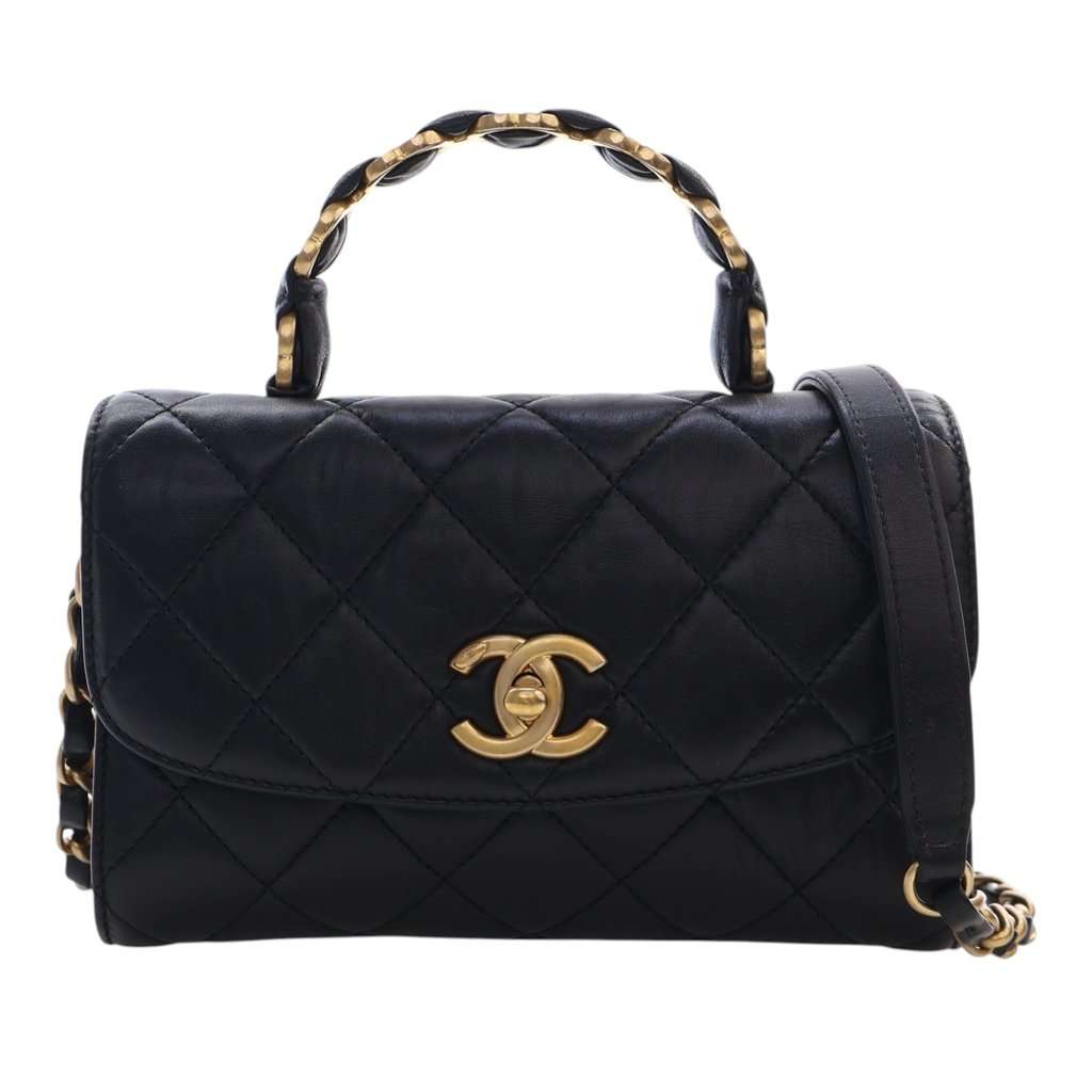 Chanel Mini CC Quilted Lambskin Links Top Handle Flap Black Leather Very good condition - Front View