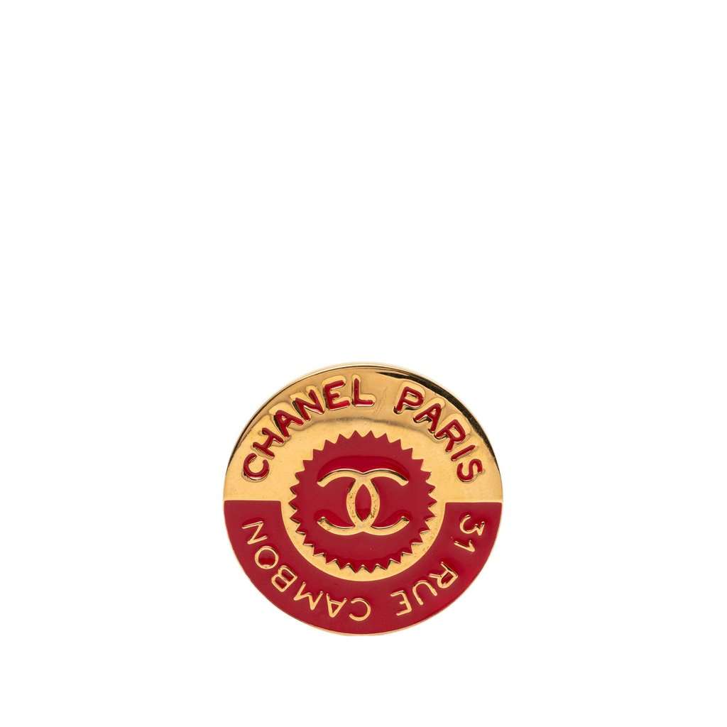 Chanel CC Gold Plated Enamel Round Pin Brooch Gold Metal Very good condition - Front View