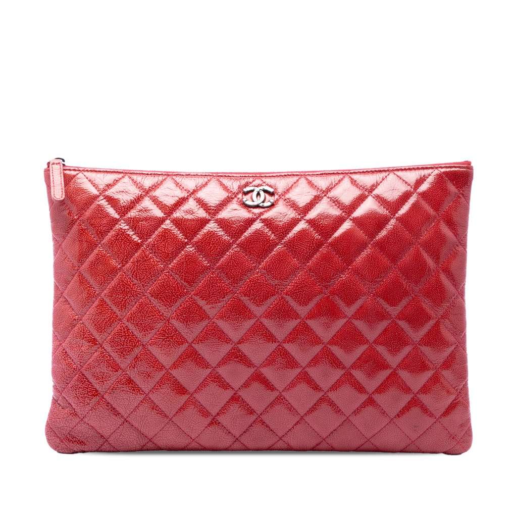 Chanel Large Quilted Patent O Case Clutch Red Leather Very good - Front View