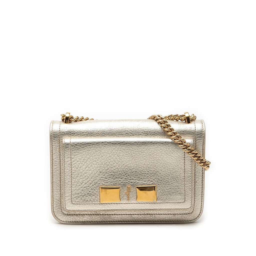 Ferragamo Small Metallic Leather Ginevra Shoulder Bag Gold Leather Very good - Front View