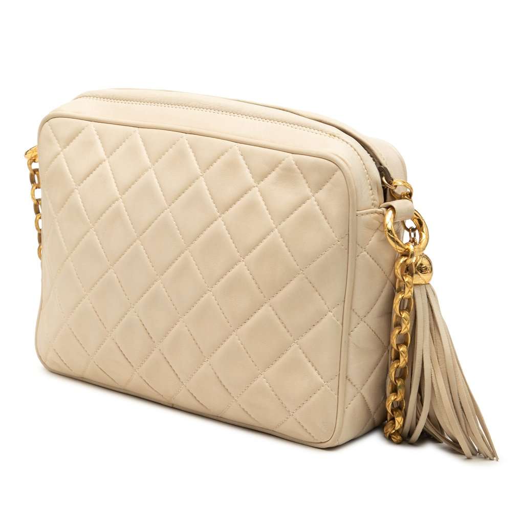 Chanel CC Quilted Lambskin Tassel Crossbody Bag Beige Leather Good condition - Back View