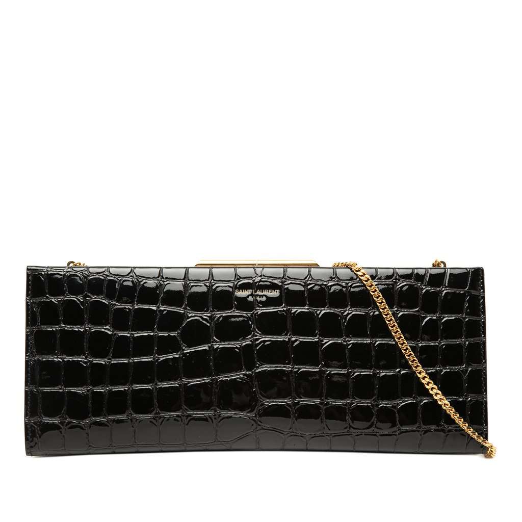 Saint Laurent Croc Embossed Patent Midnight Clutch on Chain Black Leather Very good - Front View