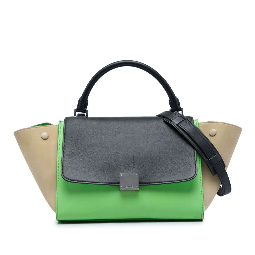 Celine Small Tricolor Leather Trapeze Satchel Green Leather Very good - Front View
