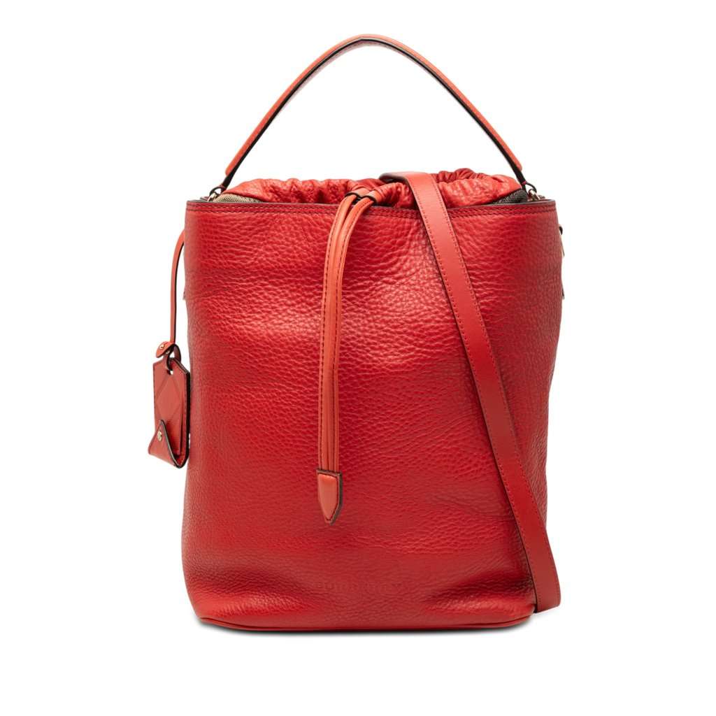Burberry House Check Canvas and Calfskin Ashby Bucket Bag Red Leather Very good - Front View