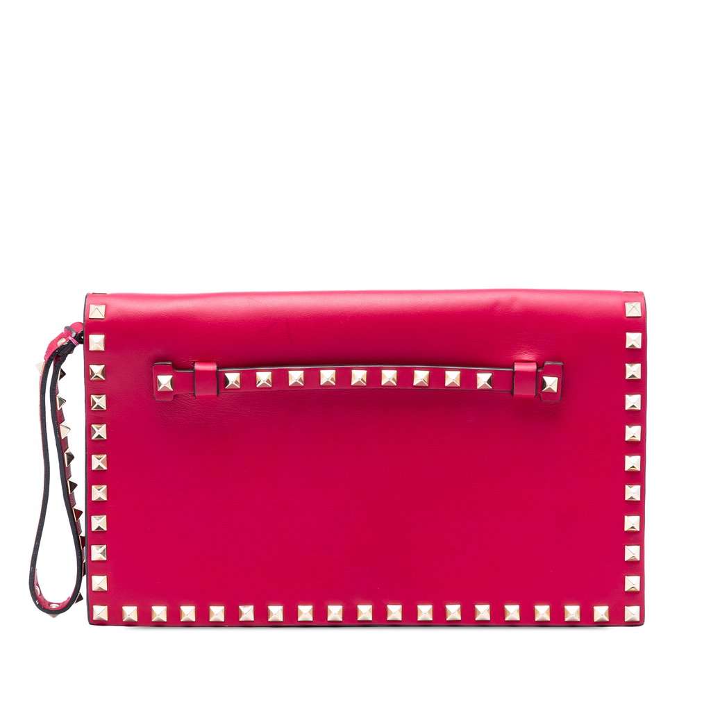 Valentino Leather Rockstud Flap Clutch Pink Leather Very good - Front View