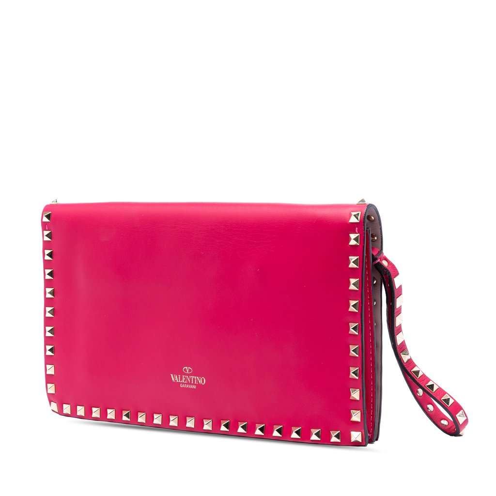 Valentino Leather Rockstud Flap Clutch Pink Leather Very good - Back View