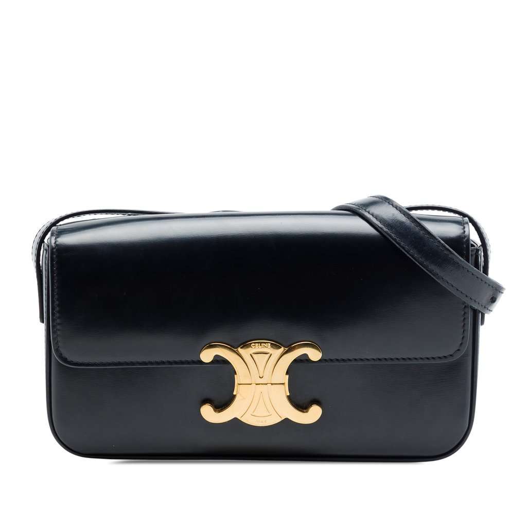 Celine Shiny Calfskin Triomphe Claude Shoulder Bag Black Leather Very good - Front View