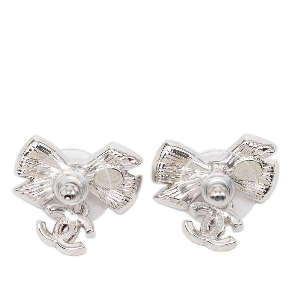 Chanel Brass Strass and Faux Pearl Bow CC Drop Bullet Back Earrings Silver Metal Very good condition - Back View