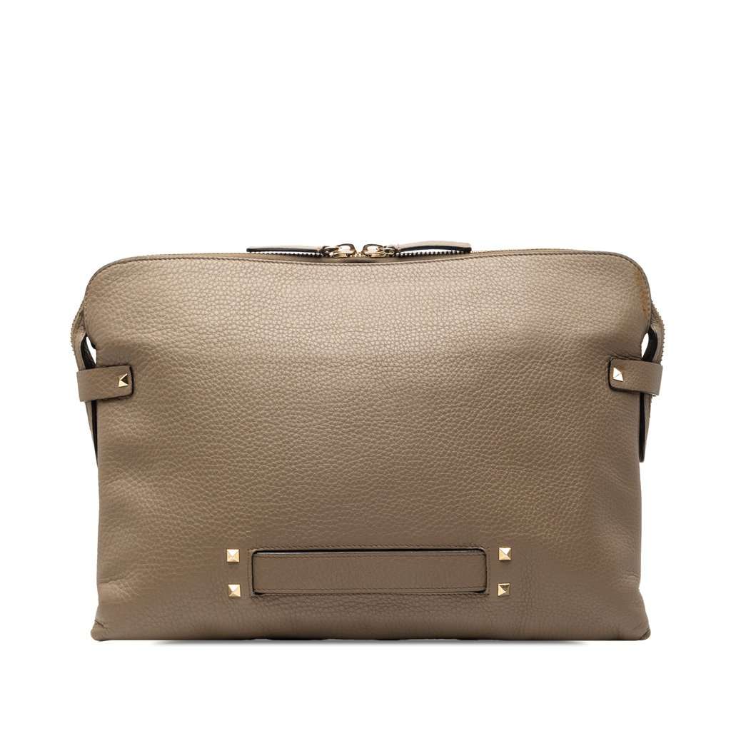 Valentino Grained Calfskin Rockstud Clutch Brown Leather Very good condition - Front View