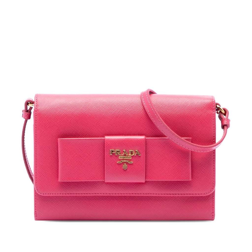 Prada Saffiano Lux Bow Wallet On Strap Pink Leather Very good condition - Front View