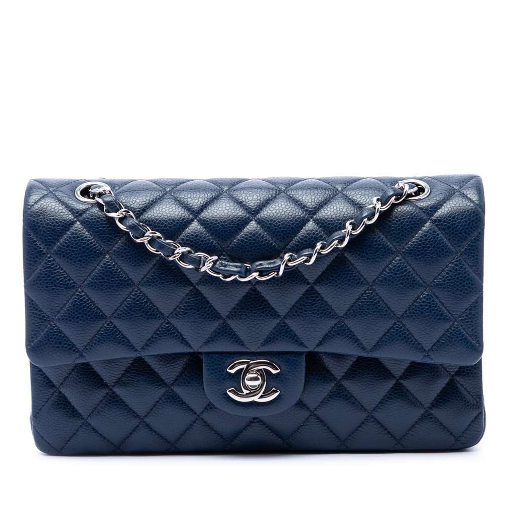 Chanel Medium Classic Caviar Double Flap Blue Leather Very good - Front View