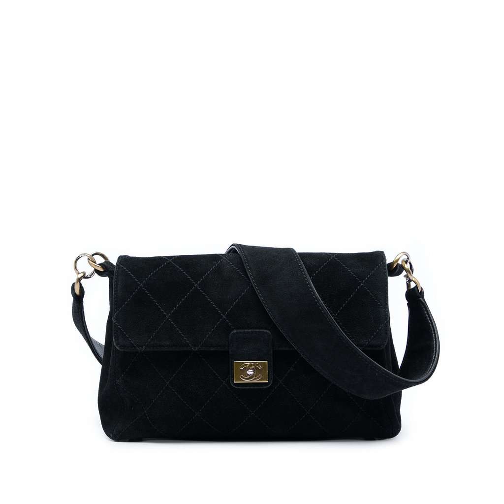Chanel CC Quilted Suede Shoulder Bag Black Leather Very good condition - Front View
