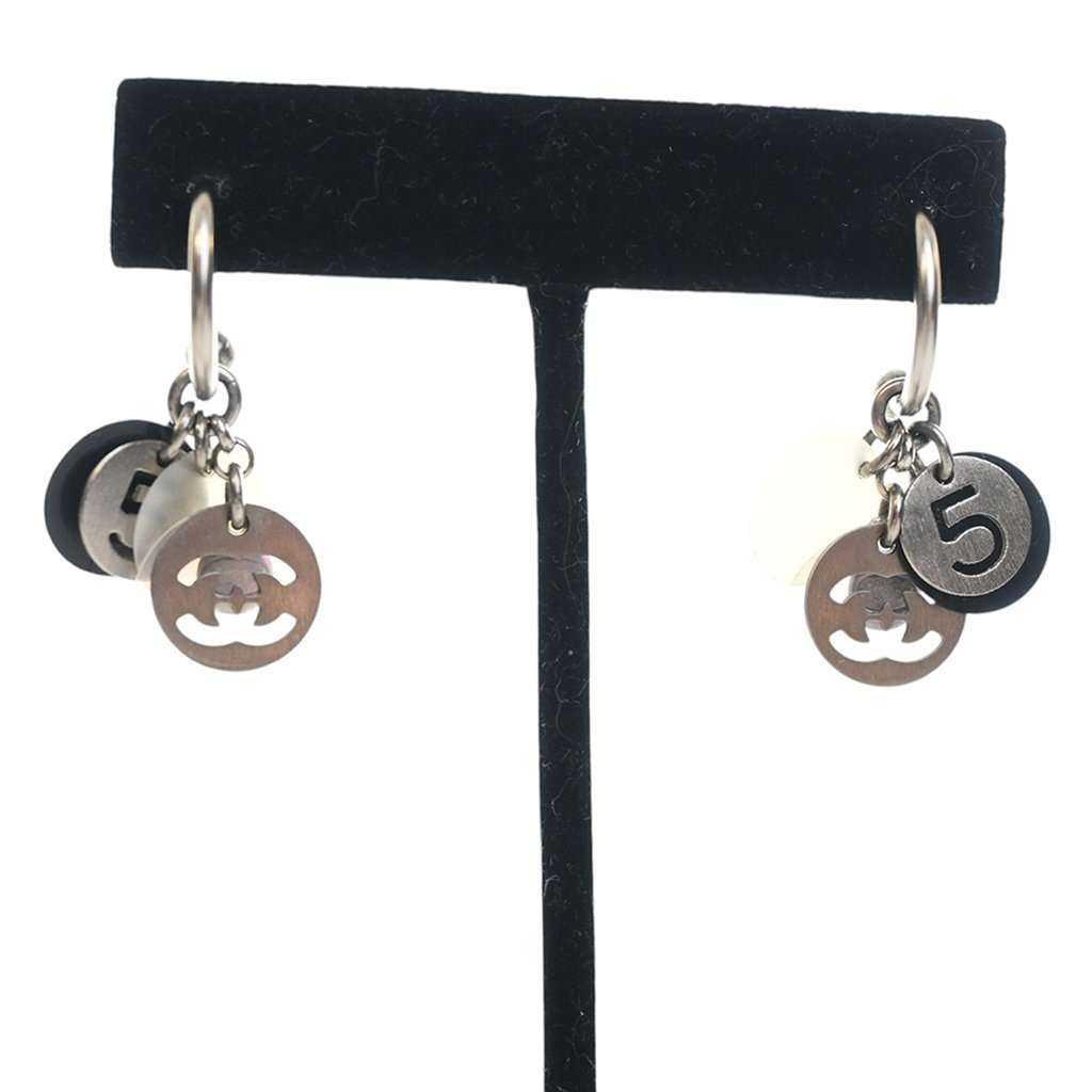 Dior CC Brass No 5 Charms Drop Push Back Earrings Silver Metal Very good condition - Inside View