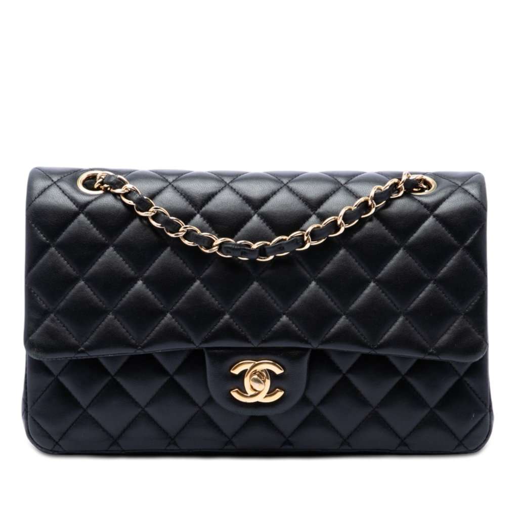 Chanel Medium Classic Lambskin Double Flap Black Leather Very good condition - Front View