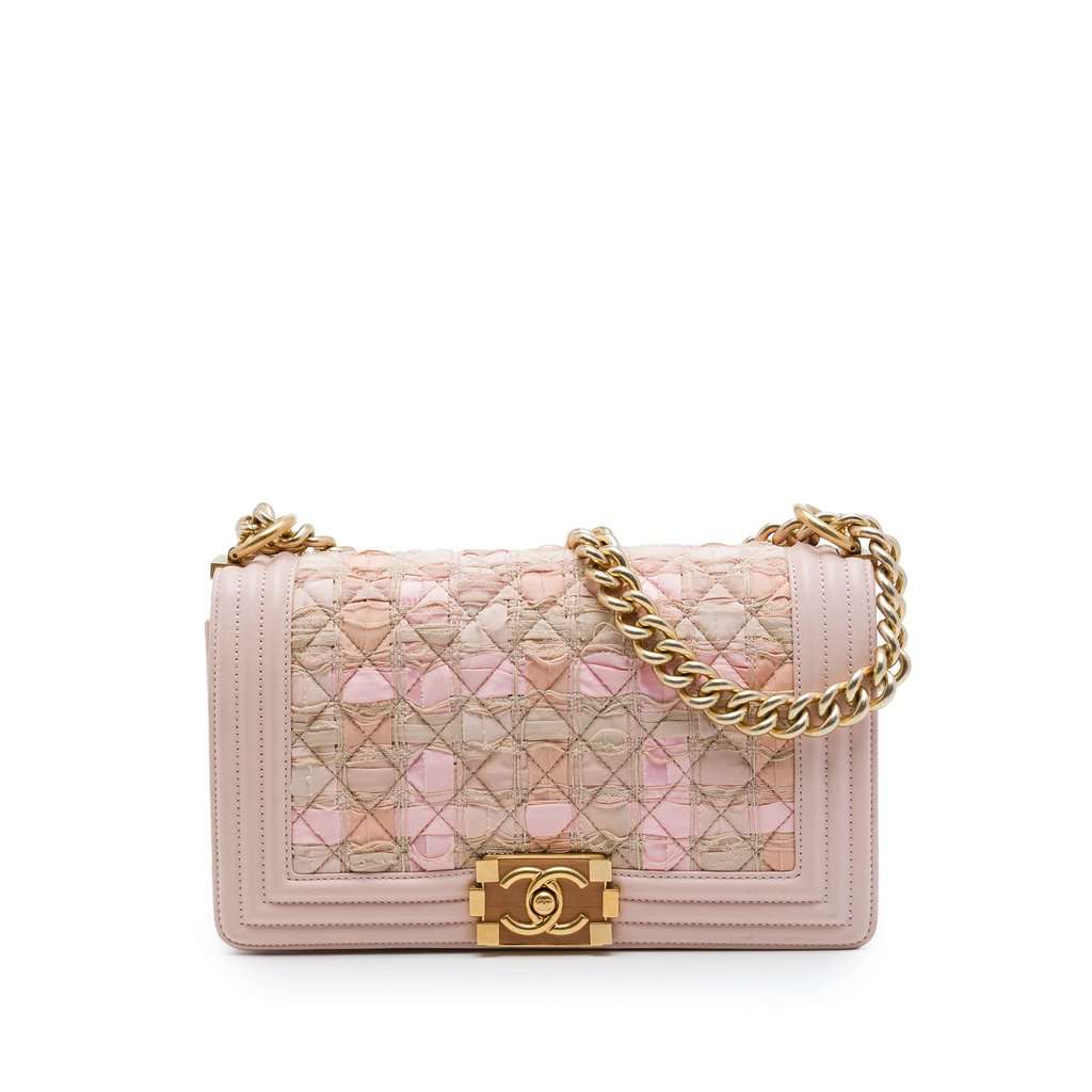 Chanel Old Medium Tweed and Lambskin Boy Flap Pink Very good condition - Front View