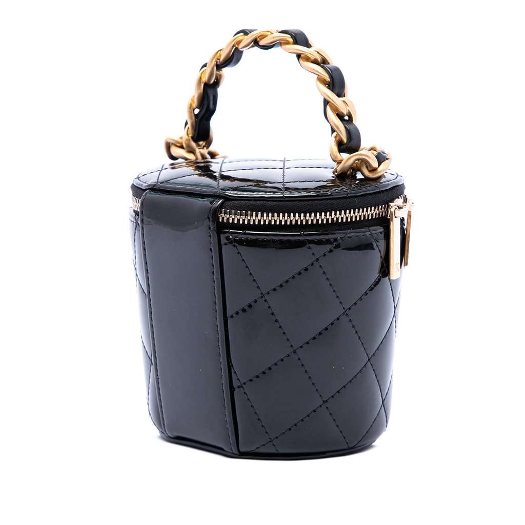 Chanel Quilted Patent Afternoon Tea Top Handle Vanity Case with Chain Black Leather Very good - Back View