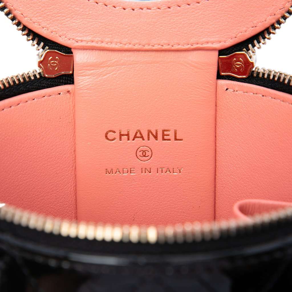 Chanel Quilted Patent Afternoon Tea Top Handle Vanity Case with Chain Black Leather Very good - Box View