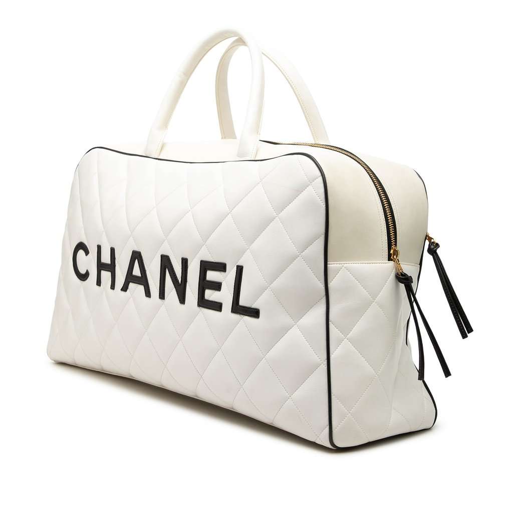 Chanel Quilted Lambskin Grand Logo Duffle Bag White Leather Good condition - Back View