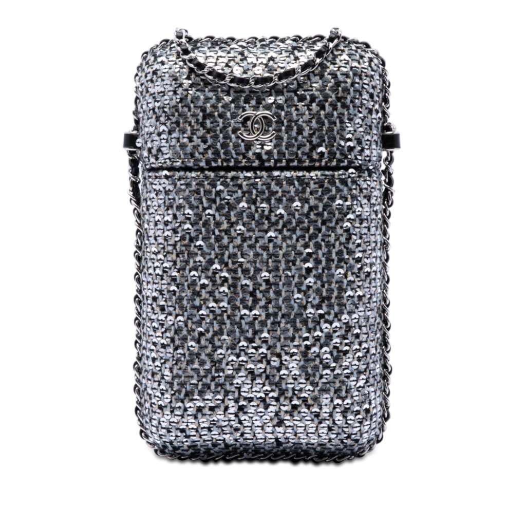 Chanel CC Tweed and Sequin Chain Around Phone Holder Silver Very good condition - Front View