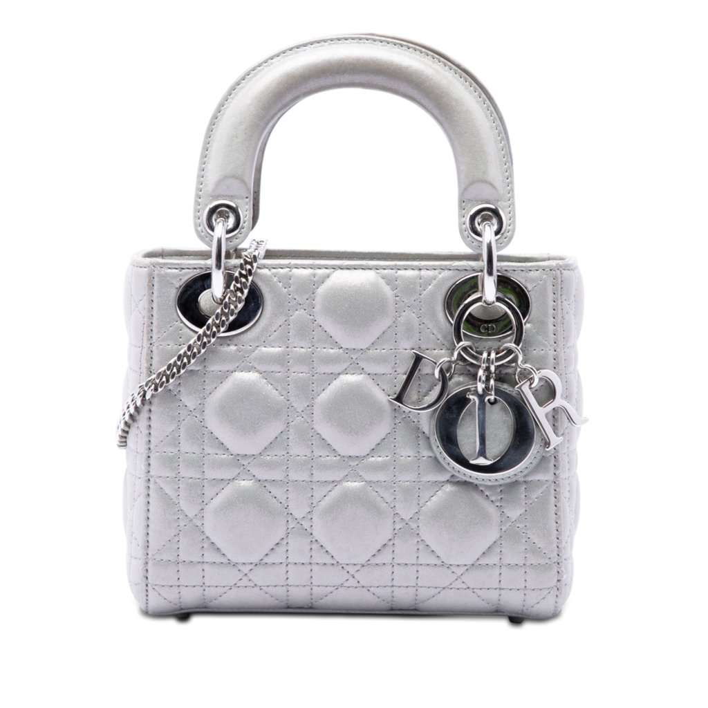 Dior Mini Iridescent Lambskin Cannage Lady Dior Silver Leather Very good condition - Front View