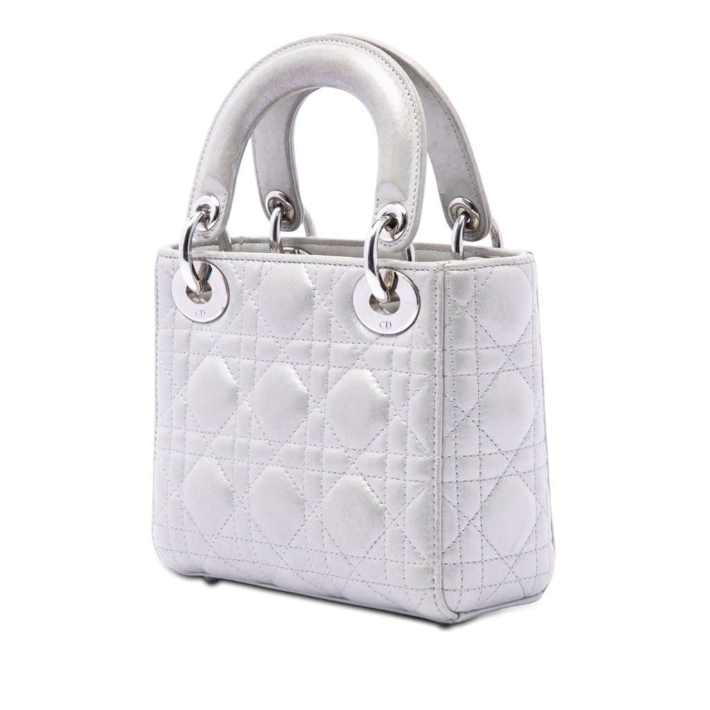 Dior Mini Iridescent Lambskin Cannage Lady Dior Silver Leather Very good condition - Back View
