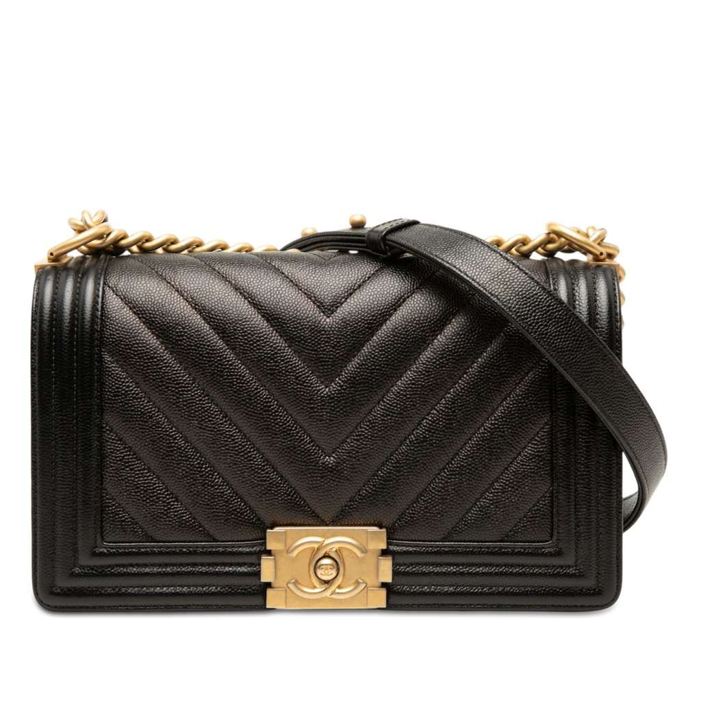 Chanel Old Medium Chevron Caviar Boy Flap Black Leather Very good - Front View