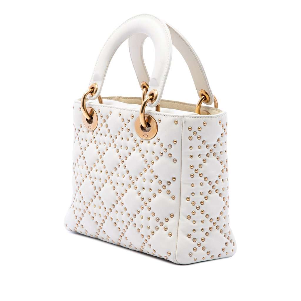 Dior Small Lambskin Cannage Studded Supple Lady Dior White Leather Very good condition - Back View
