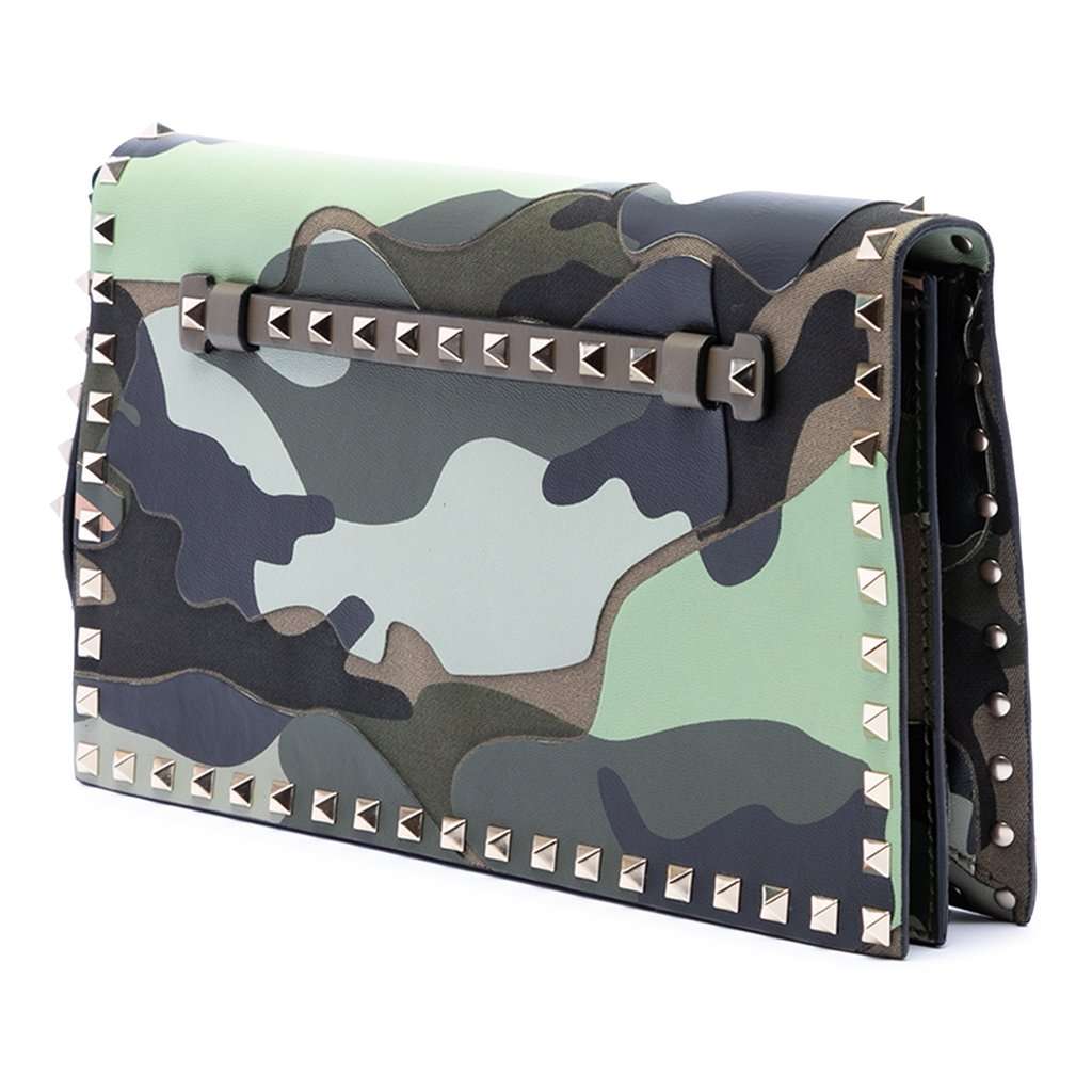 Valentino Canvas and Nappa Camouflage Rockstud Wristlet Clutch Brown Very good - Back View
