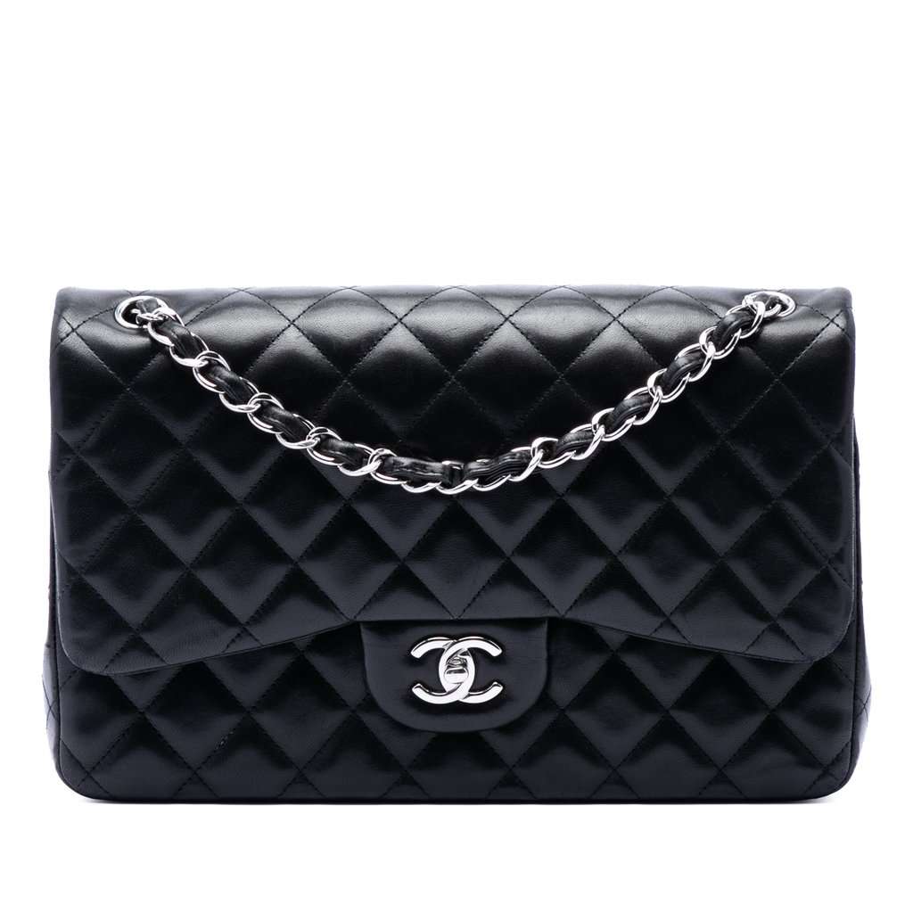 Chanel Jumbo Classic Lambskin Double Flap Black Leather Very good condition - Front View