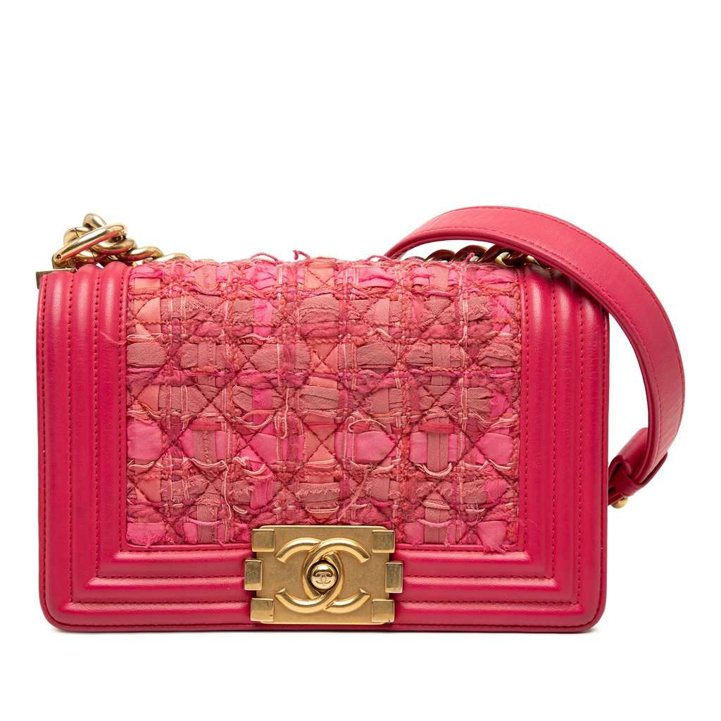 Chanel Mini Quilted Tweed and Lambskin Boy Flap Pink Very good - Front View