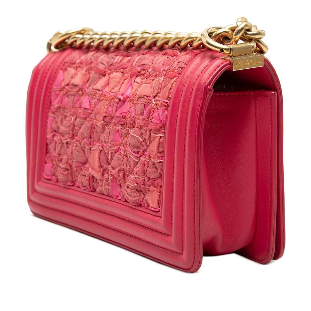 Chanel Mini Quilted Tweed and Lambskin Boy Flap Pink Very good - Back View