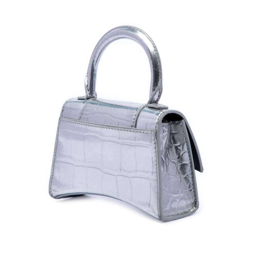 Balenciaga Mini Metallic Croc Embossed Calfskin Hourglass Top Handle Bag Silver Leather Very good condition - Back View