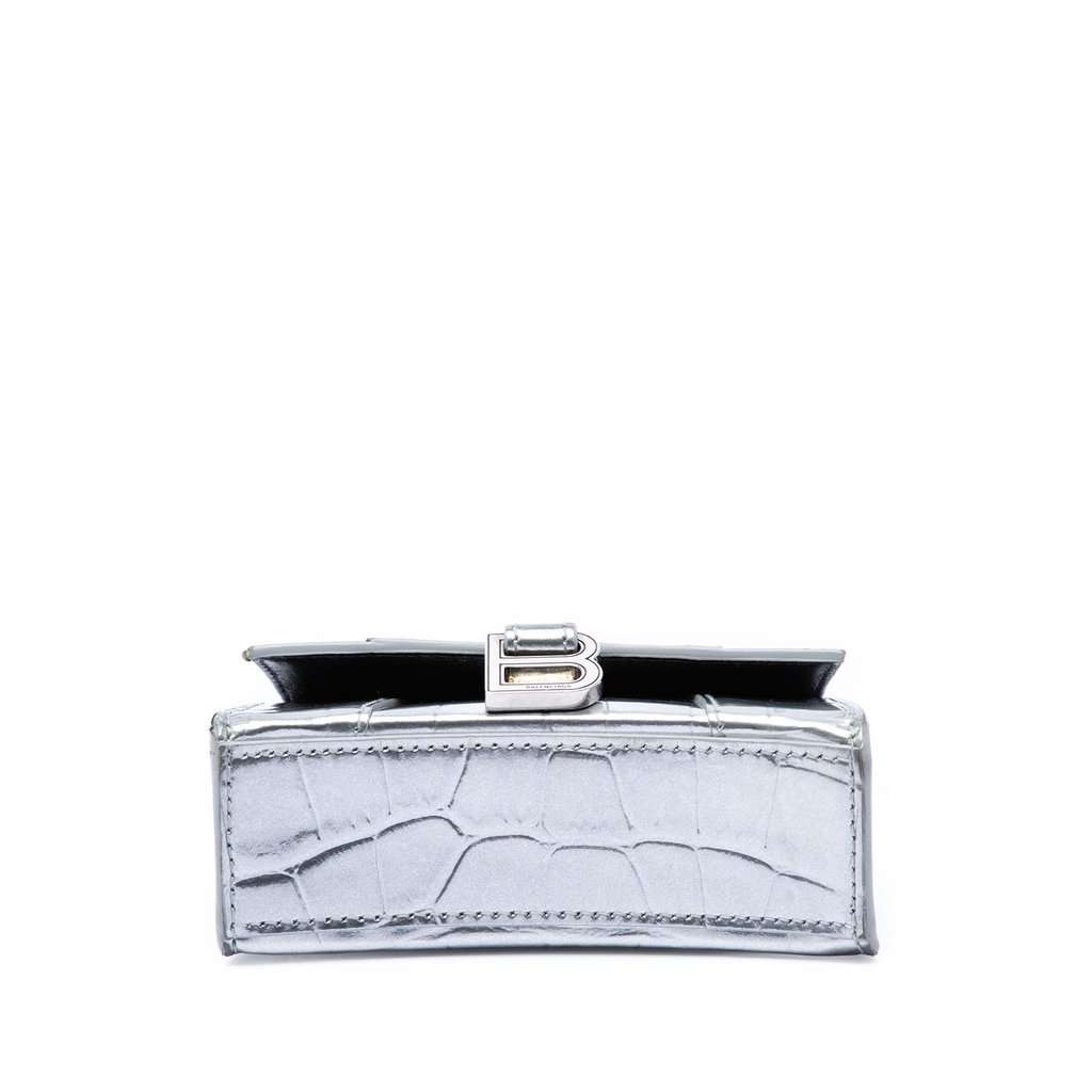 Balenciaga Mini Metallic Croc Embossed Calfskin Hourglass Top Handle Bag Silver Leather Very good condition - Inside View