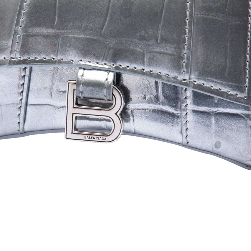 Balenciaga Mini Metallic Croc Embossed Calfskin Hourglass Top Handle Bag Silver Leather Very good condition - Box View