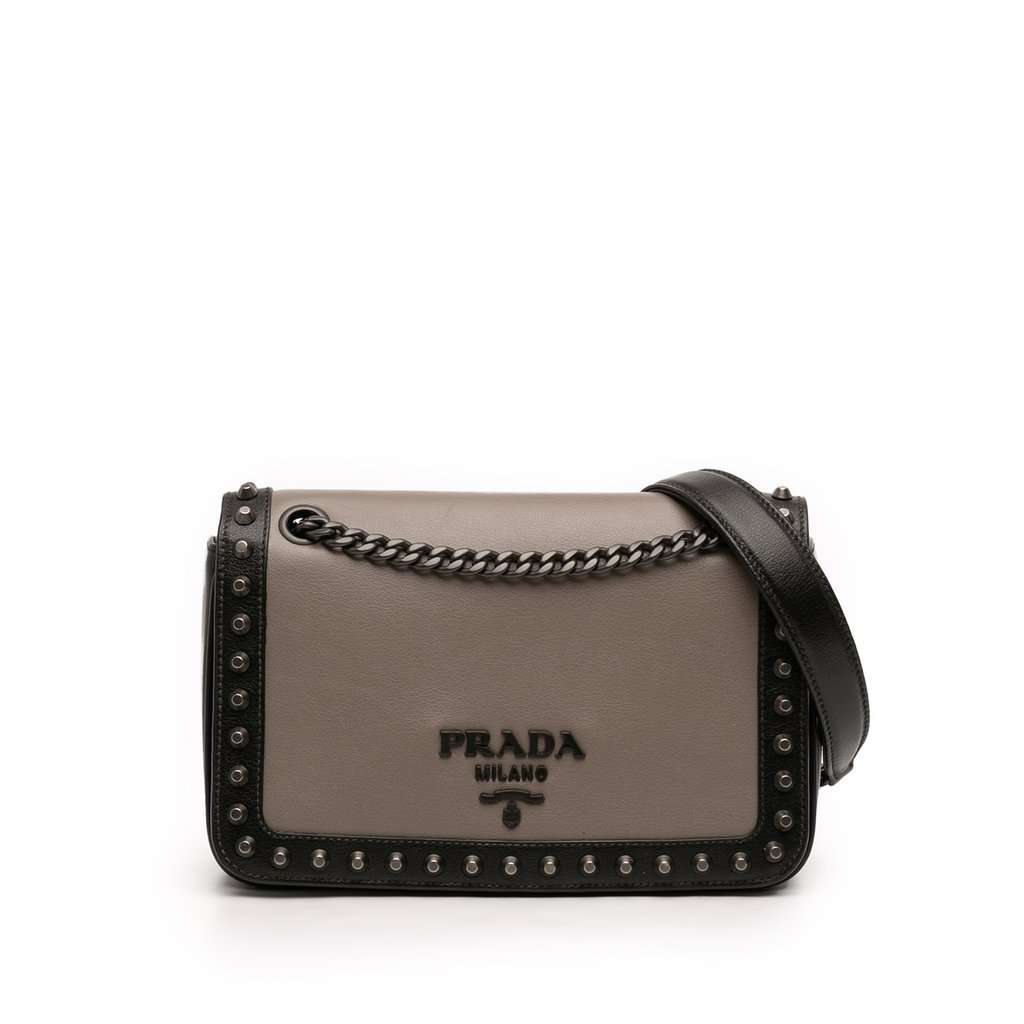 Prada Bicolor Glace Calfskin Studded Crossbody Brown Leather Very good - Front View