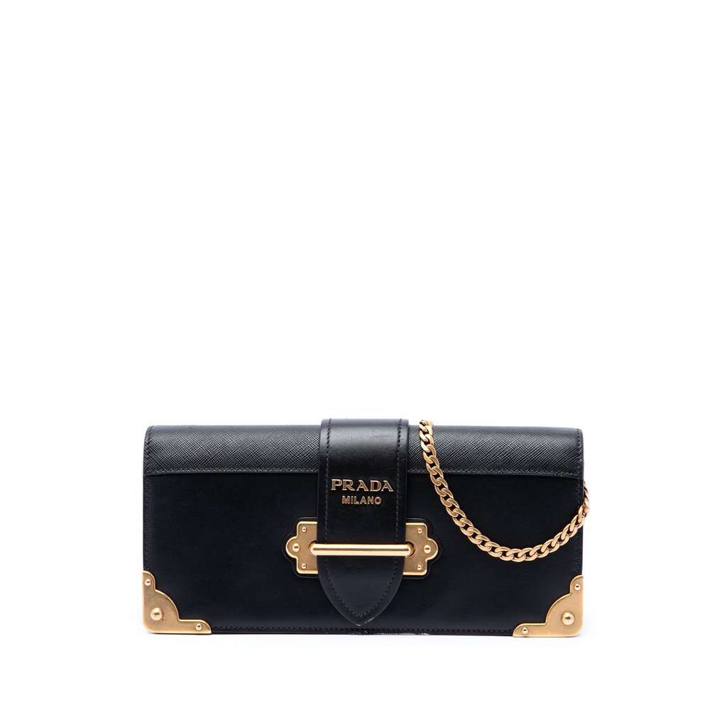 Prada City Calf and Saffiano Cahier Chain Clutch Black Leather Very good - Front View
